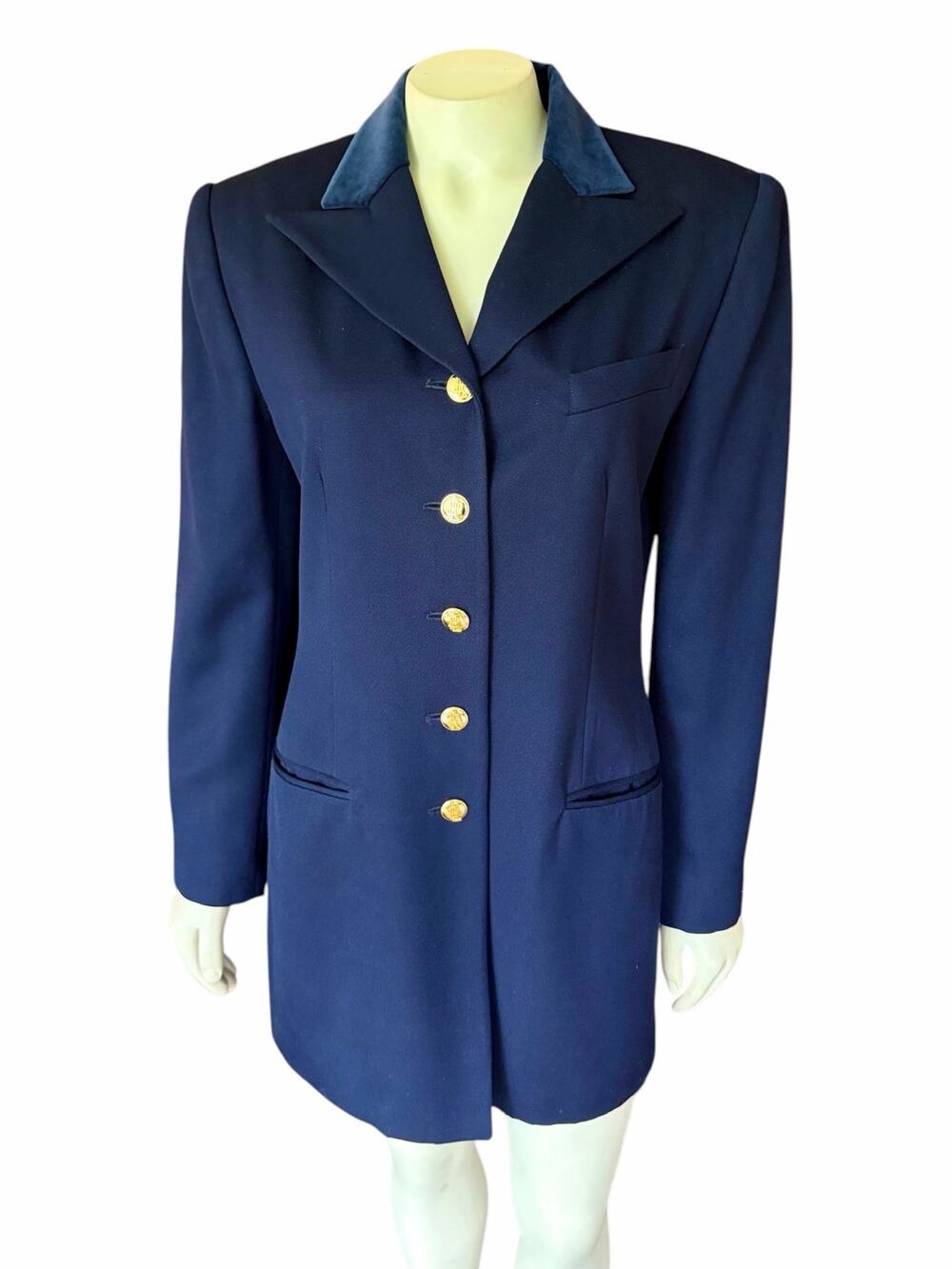 Ralph Lauren Wool Blazer Long Jacket Blue Gold Buttons Velvet Collar 8 Vintage
